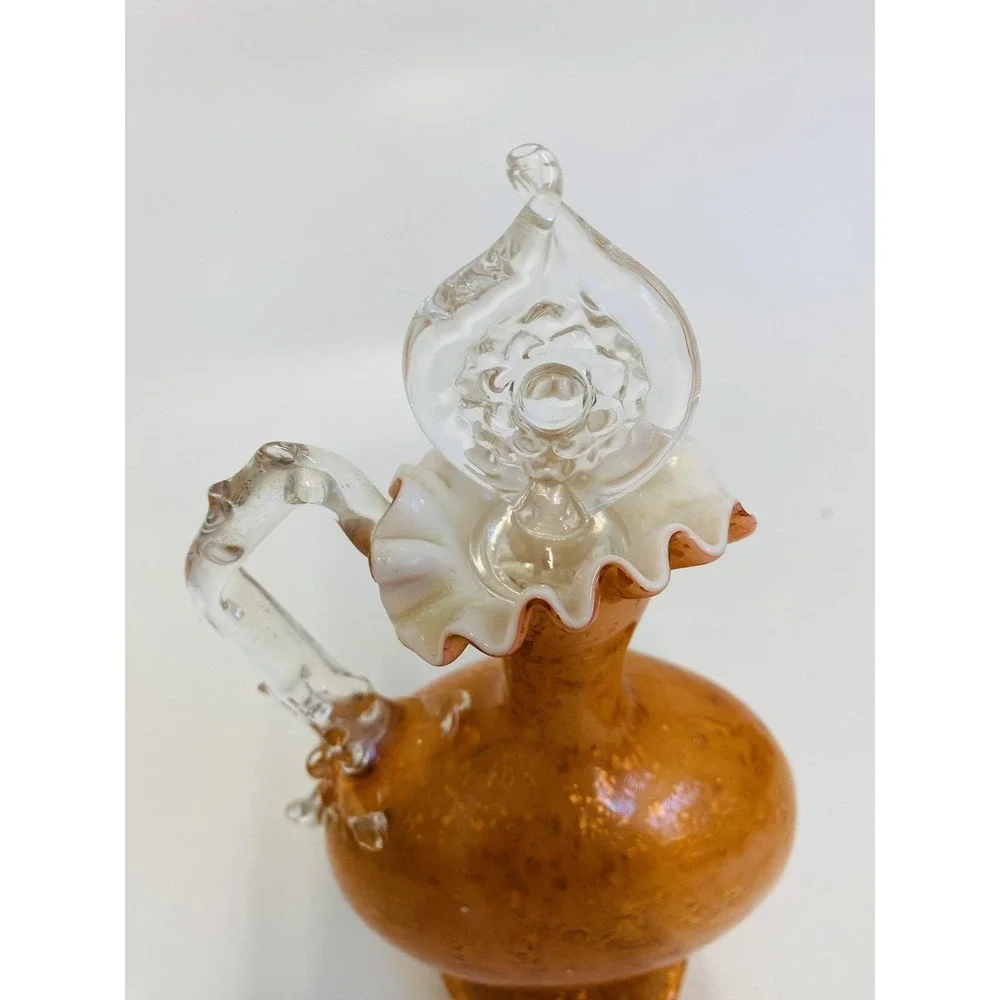 Vintage Orange Gold Aventurine Art Glass Decanter Murano‎ Style Ruffled Cruet